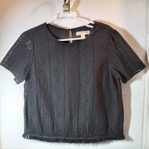 Michael Kors Black Cotton Lace Fringe Trim Short Sleeve Top MED
